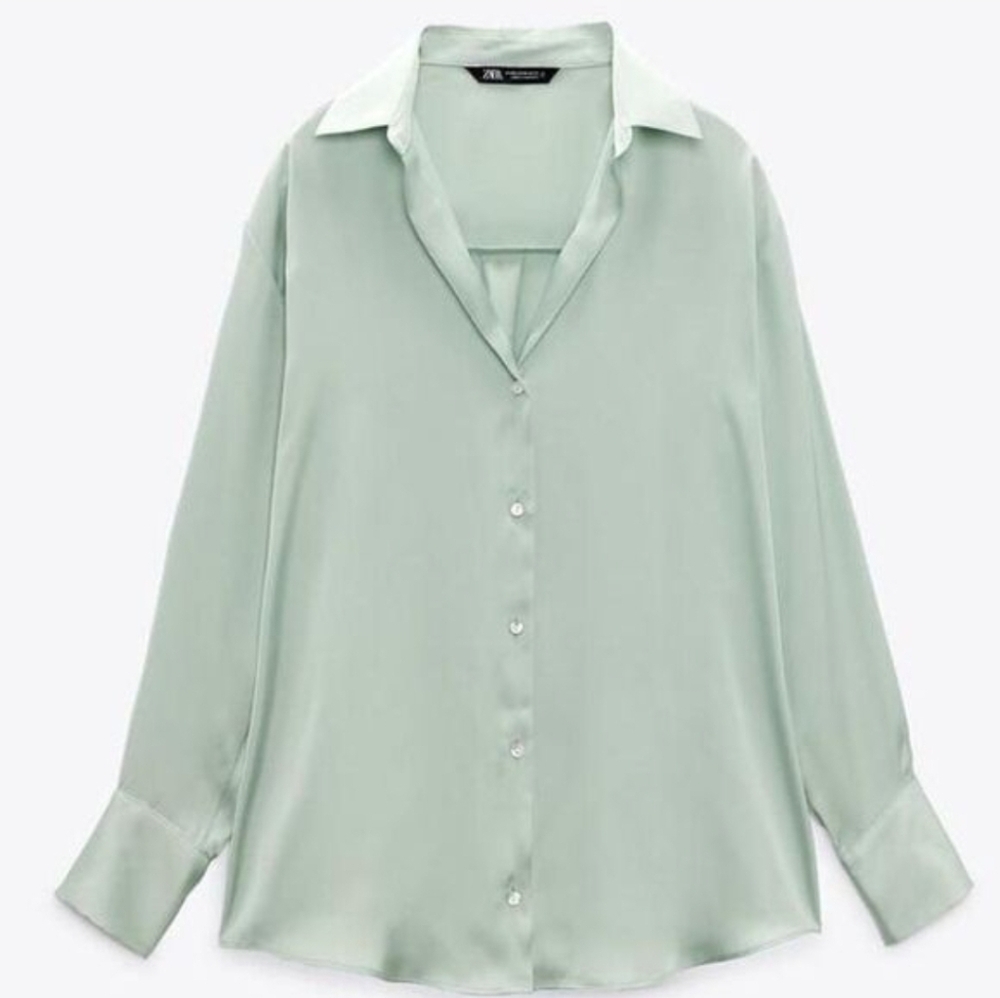 Zara Sage Green Satin Button Down Long Sleeve Shirt Size Small - Picture 14 of 15